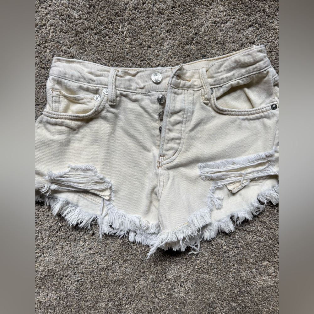 Free People Cream Distressed Jean Shorts